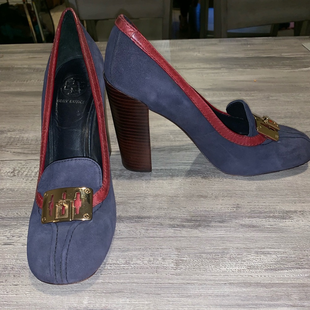 Tory Burch Navy Suede Block Heel Loafers with Burgundy Trim